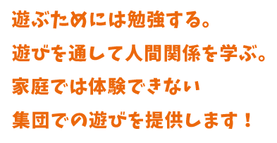 遊ぶためには勉強する。遊びを通して人間関係を学ぶ。家庭では体験できない集団での遊びを提供します!